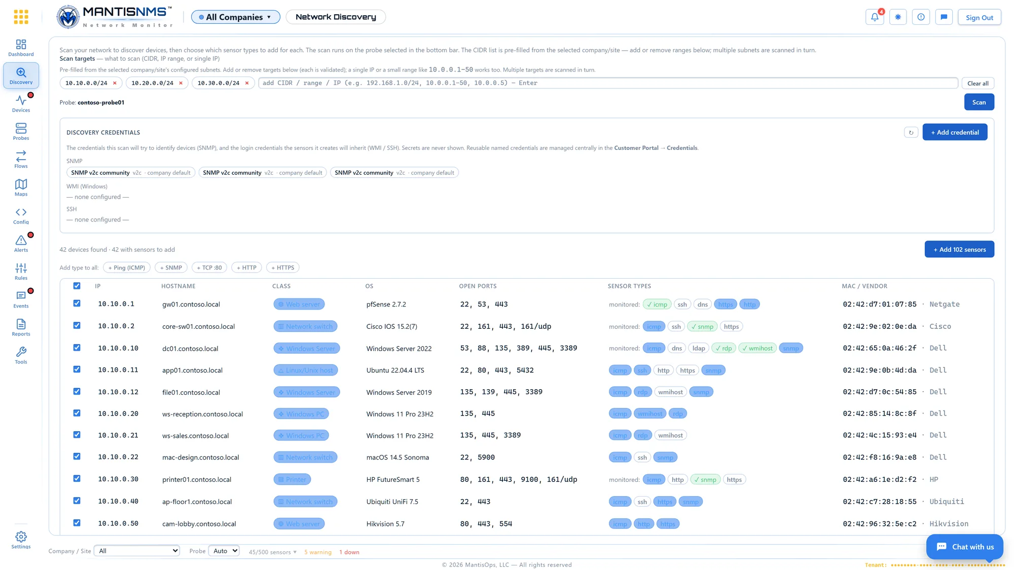 MantisNMS network discovery results listing devices with vendor, OS and open services
