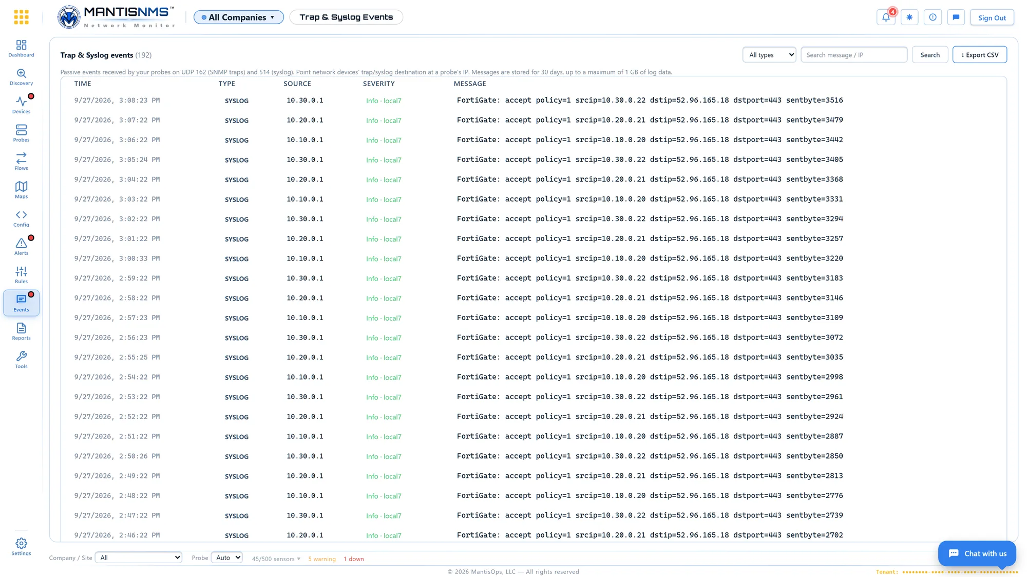 MantisNMS syslog and SNMP trap event stream from firewalls, switches, servers and printers