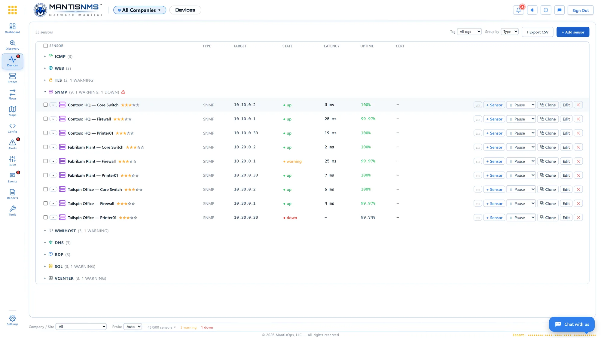 MantisNMS sensor detail with latency history, uptime and recent state changes