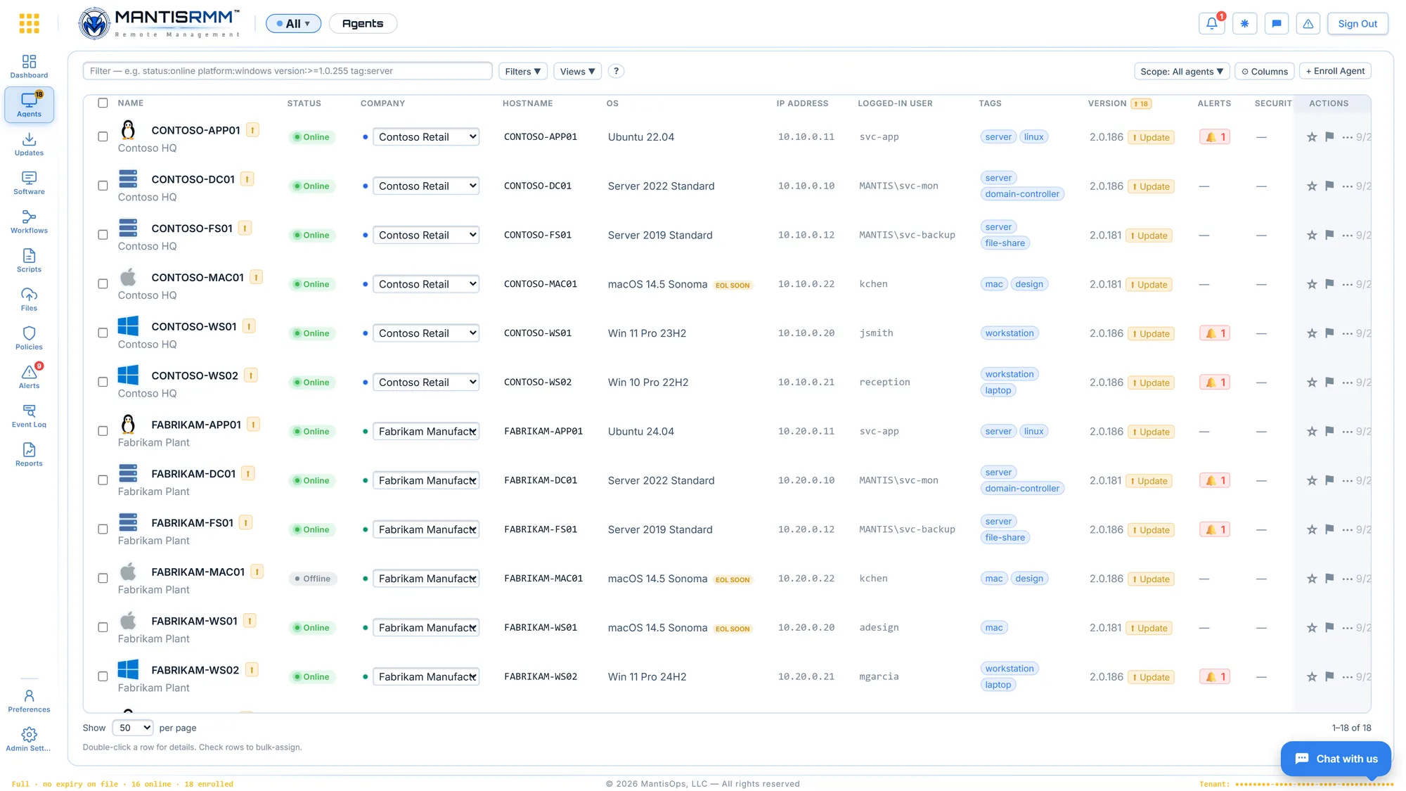 MantisRMM agents roster listing Windows, macOS and Linux endpoints with status, user, version and update state