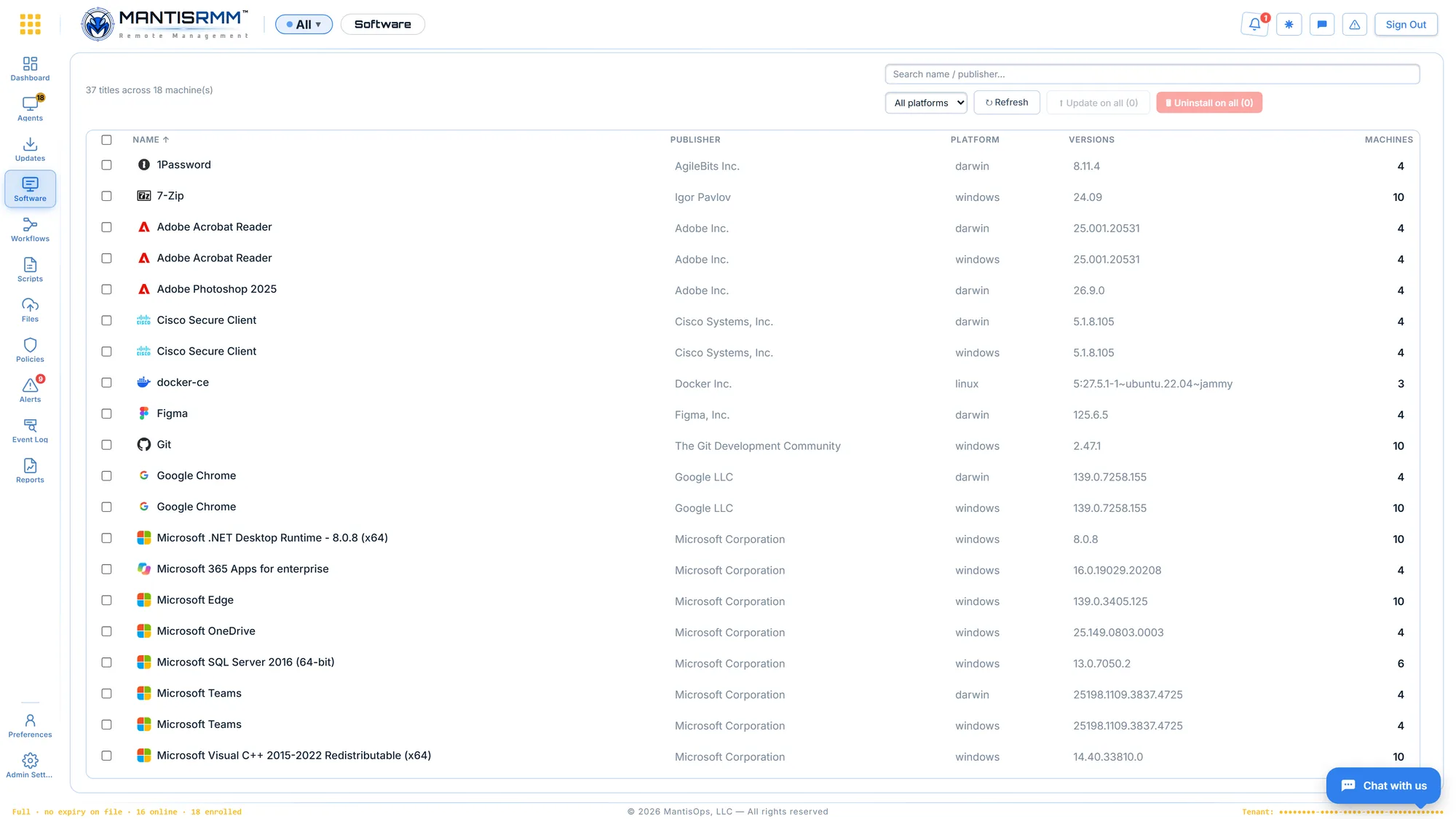 MantisRMM software inventory listing installed titles, publishers, platforms, versions and machine counts