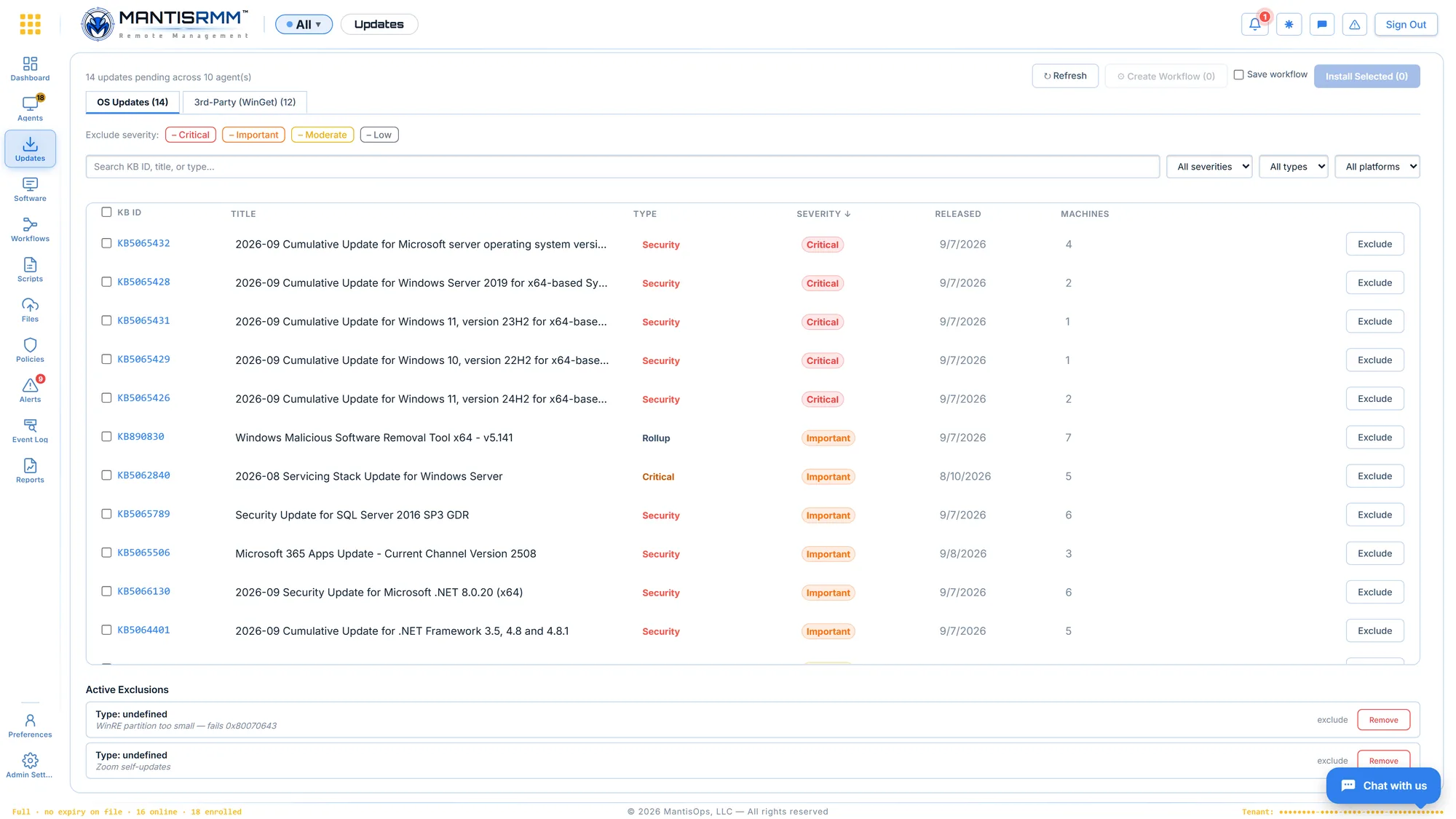 MantisRMM updates view listing pending Windows cumulative, security and driver updates across the fleet
