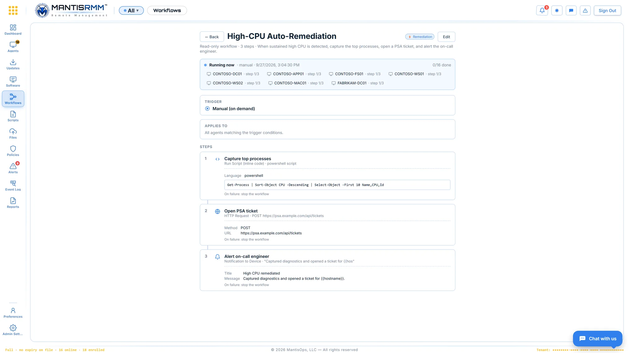 MantisRMM workflow builder showing a patch rollout workflow with script, reboot and notification steps